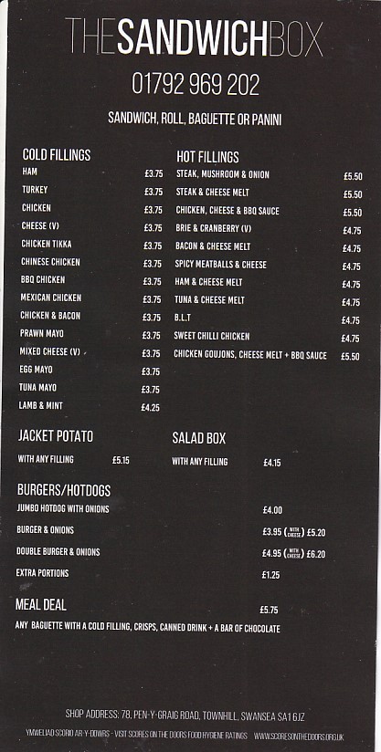 Menu of Sandwich Box