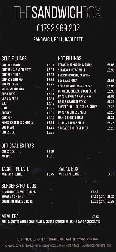 Menu of Sandwich Box