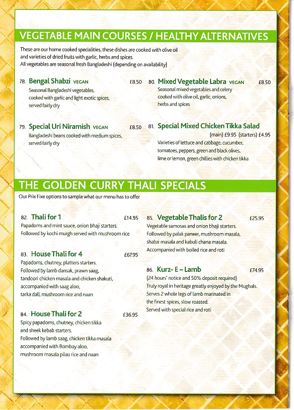 Golden Currry Indian Mumbles menu