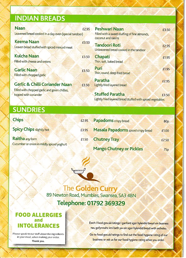 Golden Currry Indian Mumbles menu