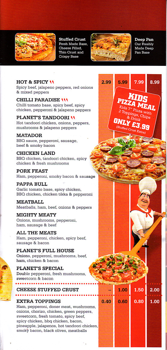 Planet pizza outlet menu