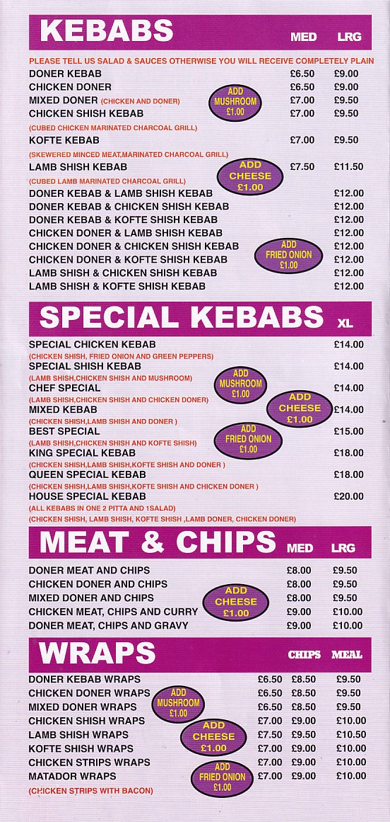 Menu of Best Kebab House, Swansea