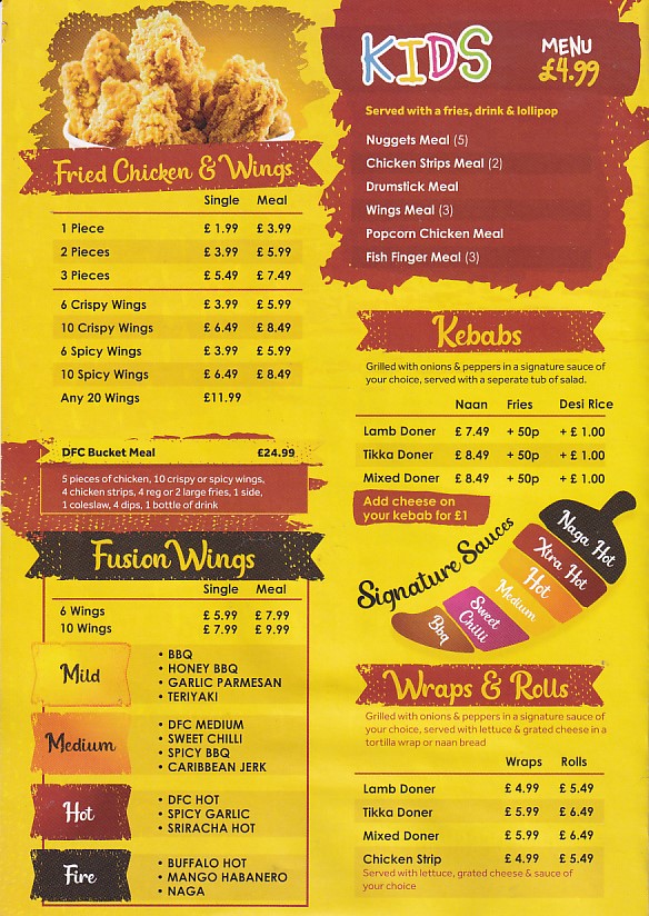 Menu of DFC Takeaway Swansea