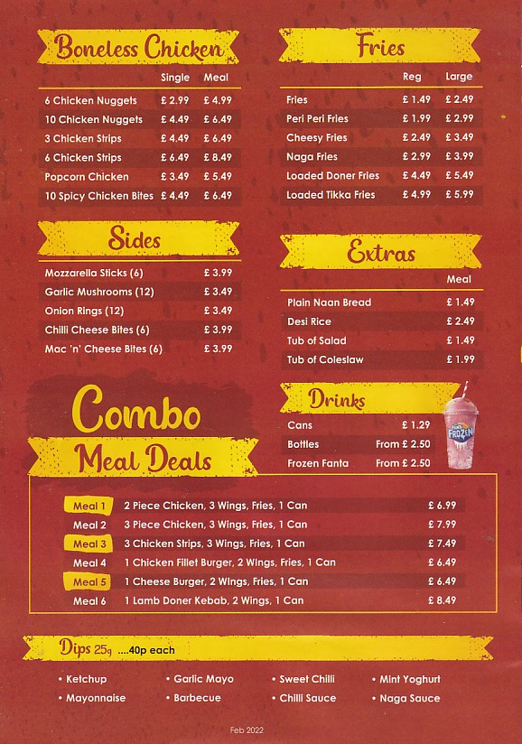 Menu of DFC Takeaway Swansea