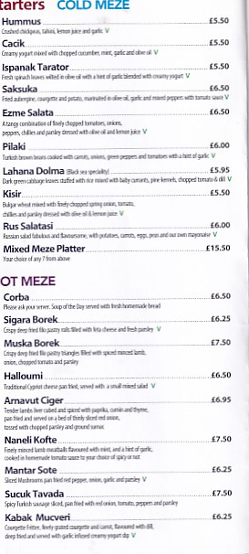 Menu of Istanbul Restaurant, Swansea