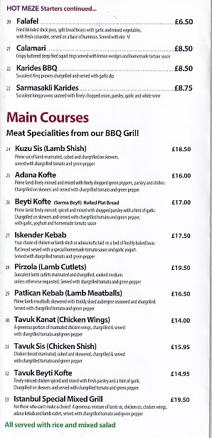 Menu of Istanbul Restaurant, Swansea