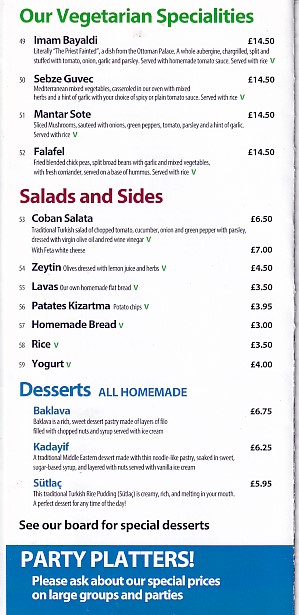 Menu of Istanbul Restaurant, Swansea