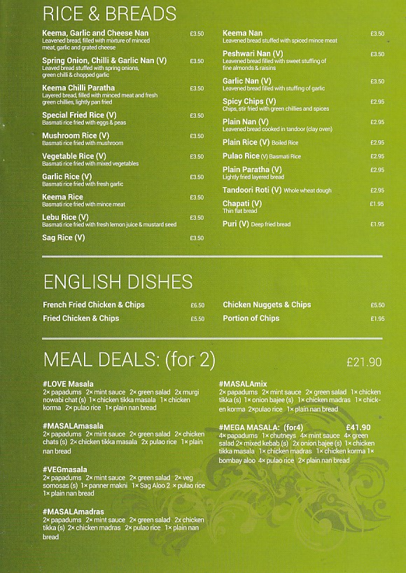 Menu 7 of Masala,Indian takeaway in Swansea