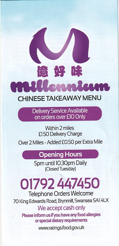 Menu of Menu of Millennium Chinese Takeaway Swansea