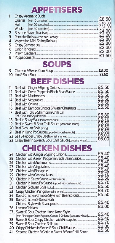 Menu of Millennium Chinese Takeaway Swansea