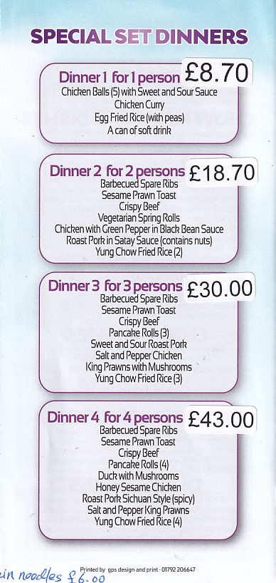 Menu of Menu of Millennium Chinese Takeaway Swansea