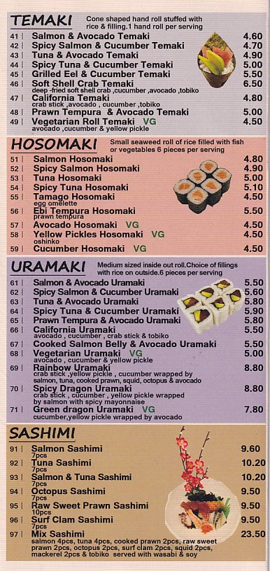 Menu of Nishimura西村 Sushi restaurant Swansea