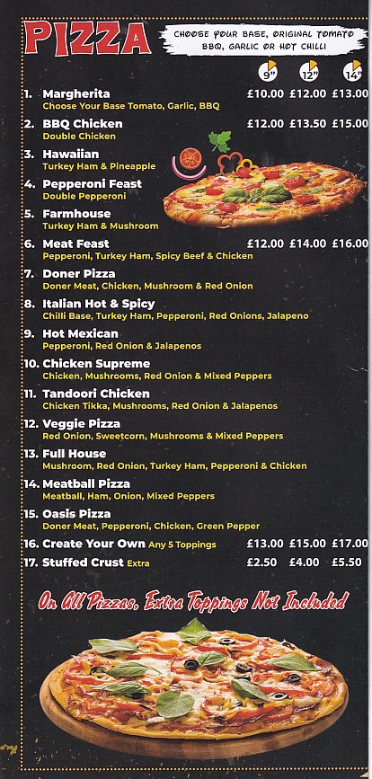 Menu of Oasis kebab house Swansea