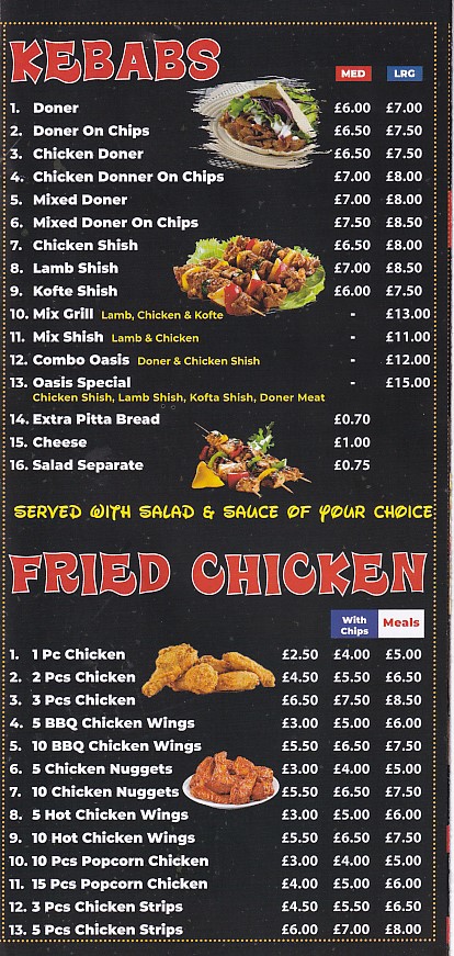 Menu of Oasis kebab house Swansea