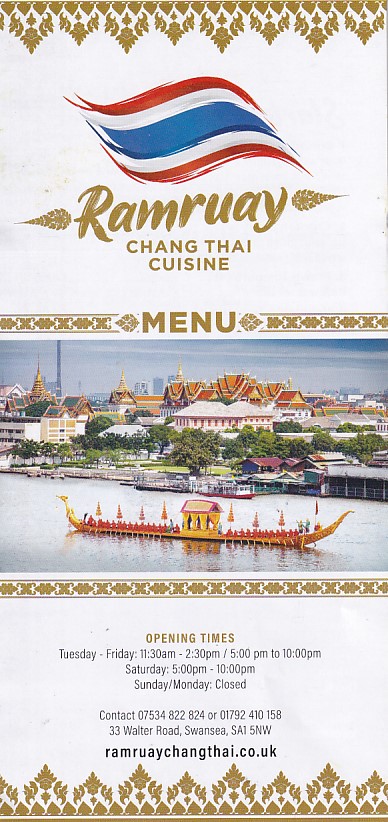 Menu of Ramruay, Chang Thai Takeaway, Swansea