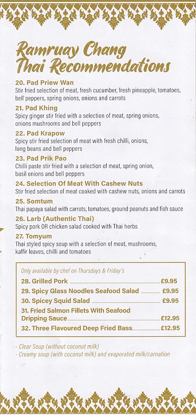 Menu 4 of Ramruay, Chang Thai Takeaway, Swansea