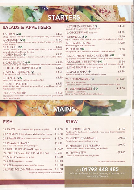 Menu of Shiraz Restaurant, Swansea