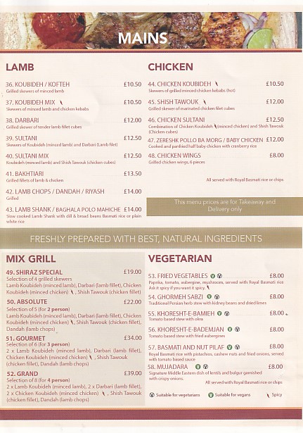 Menu of Shiraz Restaurant, Swansea