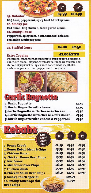 Menu of SMOKY TOUCH Pizza Swansea