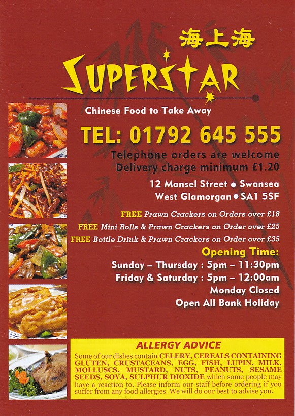 Menu of Superstar, Chinese Takeaway Swansea