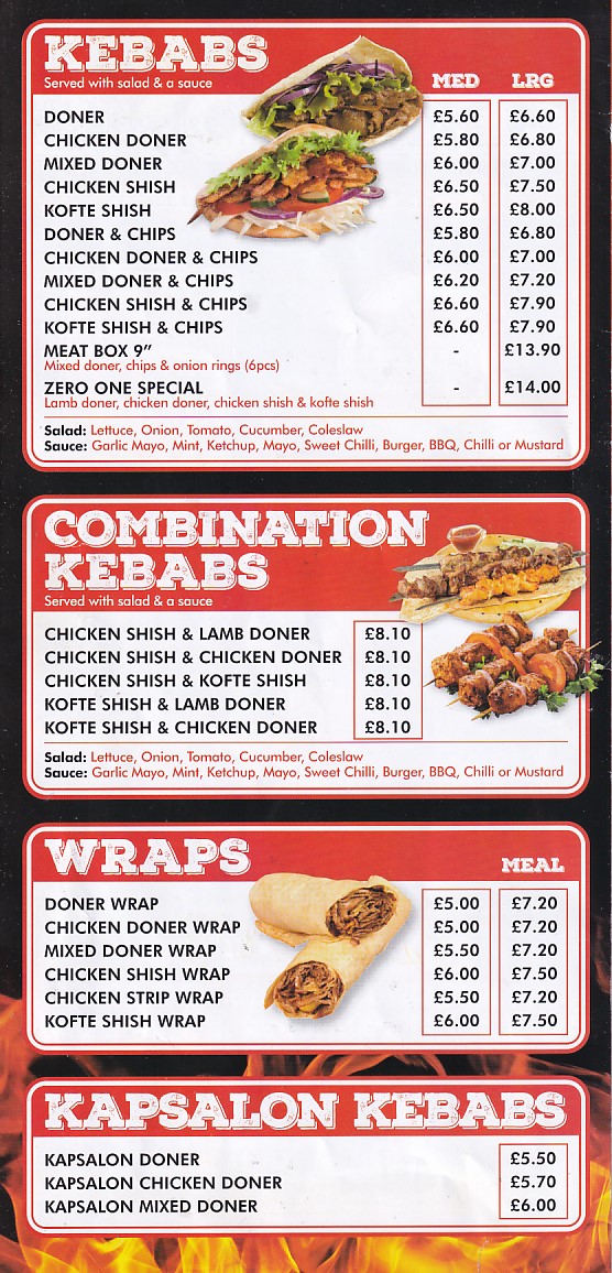 Menu of ZERO ONE Kebabs Takeaway Swansea