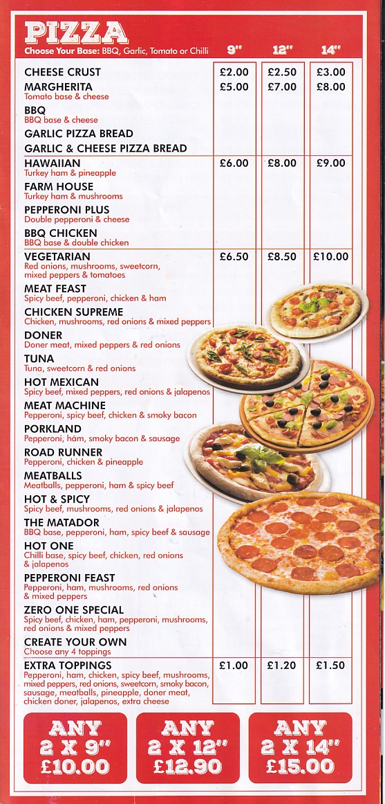 Menu of ZERO ONE Kebabs Takeaway Swansea