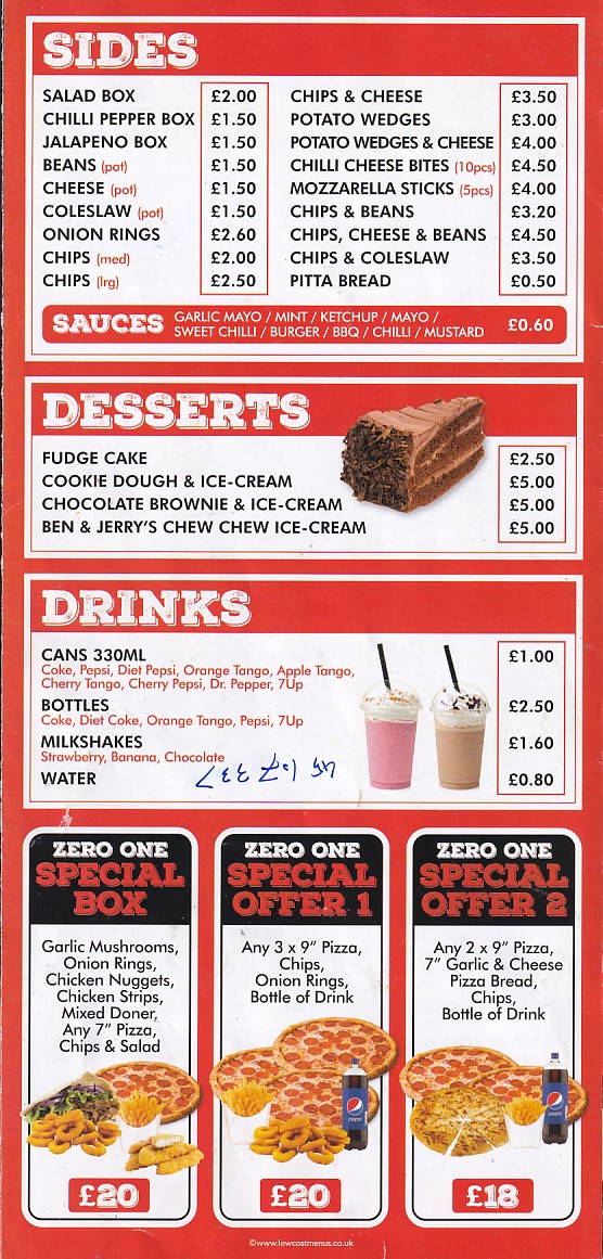 Menu of ZERO ONE Kebabs Takeaway Swansea