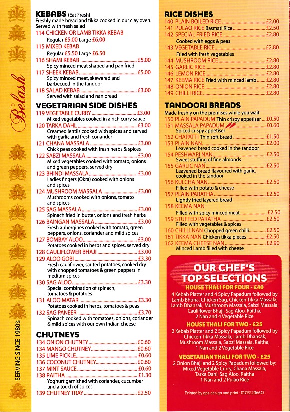 Menu of Belash Uplands Takeaway & Delivery Swansea