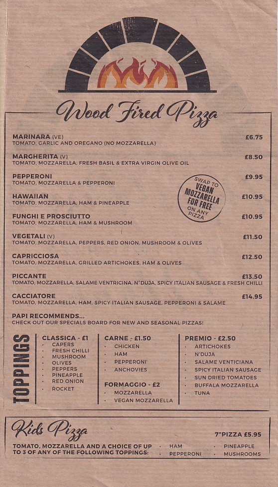 Menu 2 of Papi's Pizzeria, Uplands