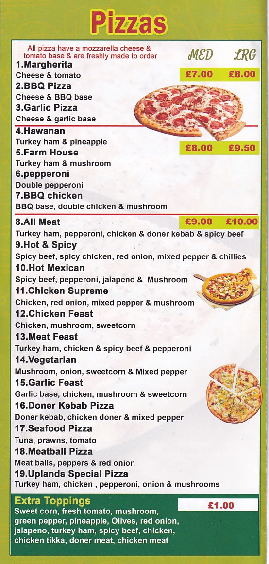 Menu of Menu of Uplands Pizza Swansea