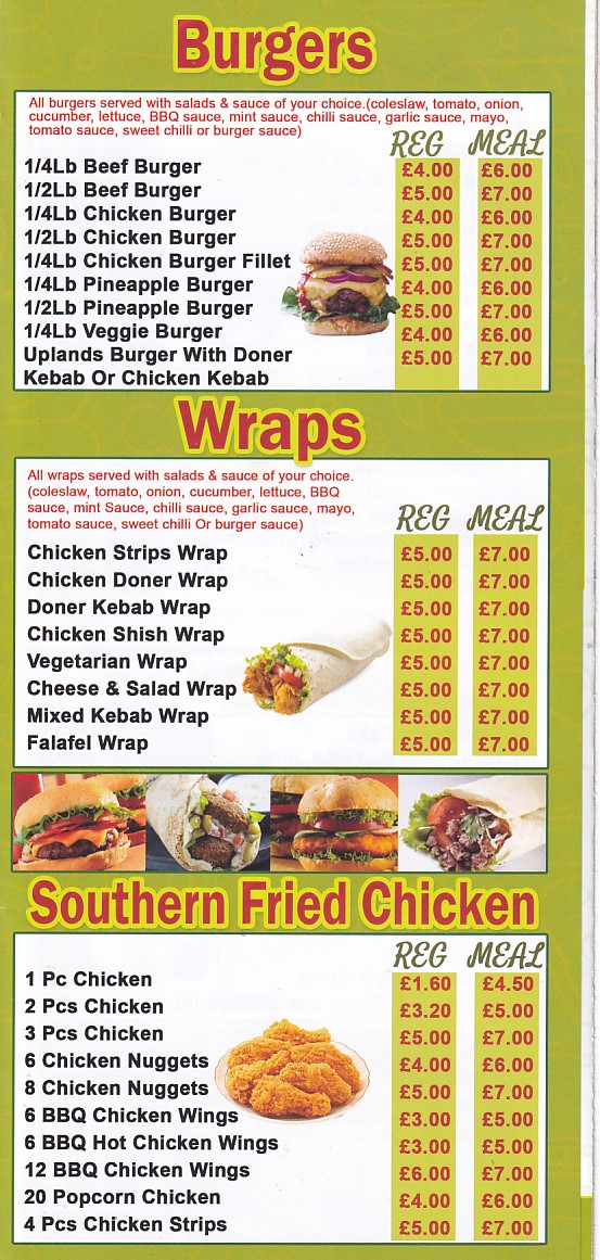 Menu of Menu of Uplands Pizza Swansea