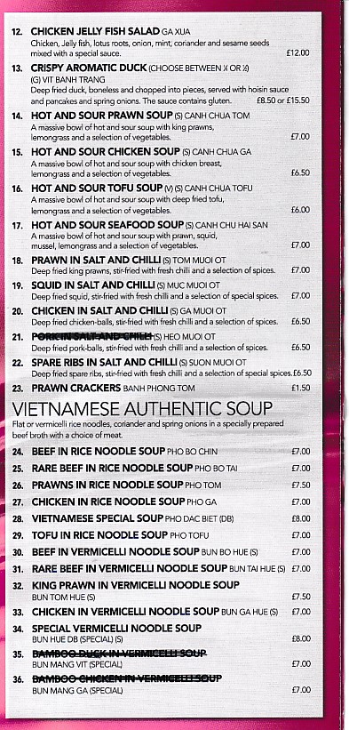 Menu of Vietnam Restaurant Uplands