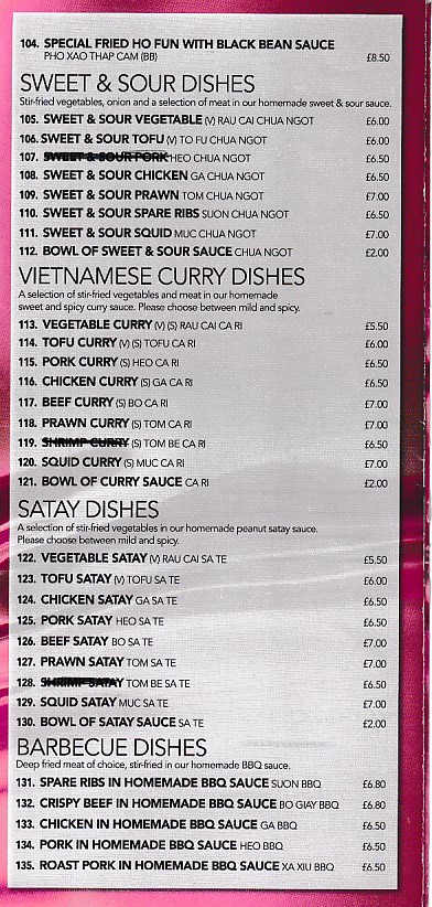 Menu of Vietnam Restaurant Uplands