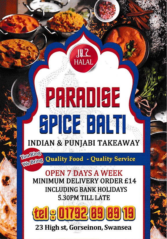 Menu of Paradise Spice Balti Gorseinon