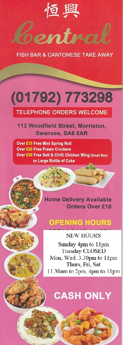 Menu of Central Fish Bar and Cantonese Takeaway Morriston