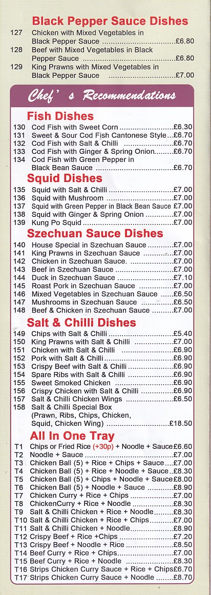 Menu ofCentral Fish Bar and Cantonese Takeaway Morriston