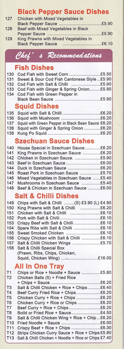 Menu ofCentral Fish Bar and Cantonese Takeaway Morriston