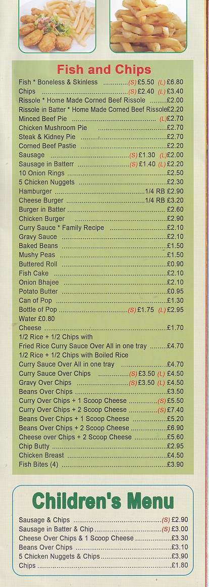 Menu of Central Fish Bar and Cantonese Takeaway Morriston