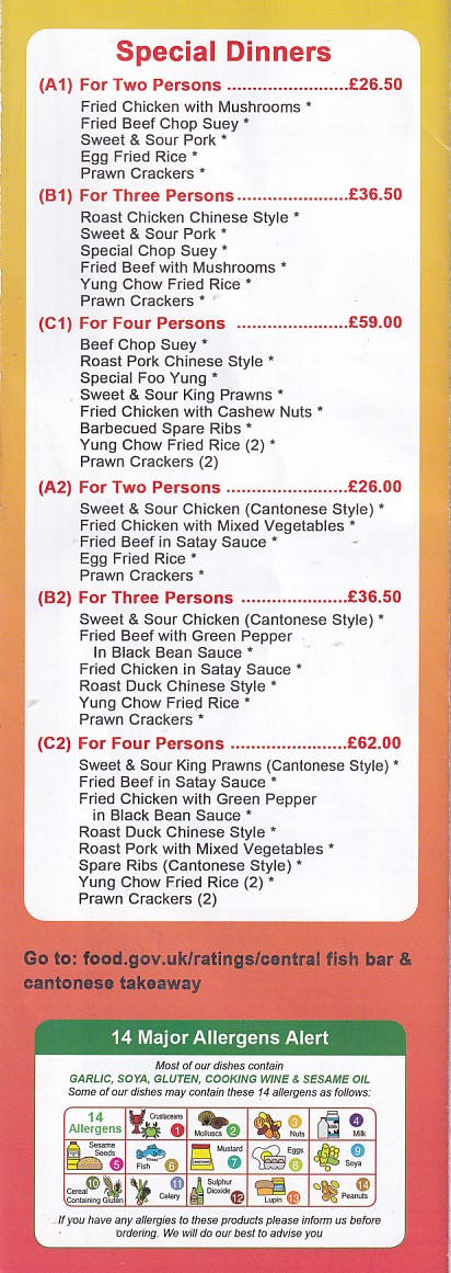 Menu ofCentral Fish Bar and Cantonese Takeaway Morriston