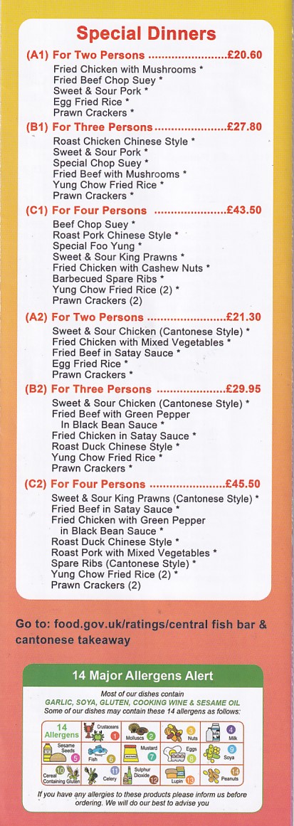 Menu ofCentral Fish Bar and Cantonese Takeaway Morriston