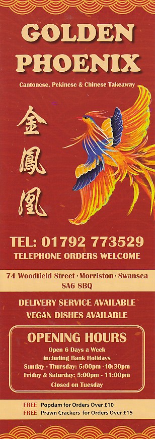 Menu of The Golden Phoenix Chinese takeaway Morriston