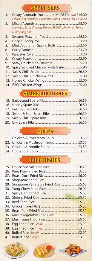 Menu of The Golden Phoenix Chinese takeaway Morriston