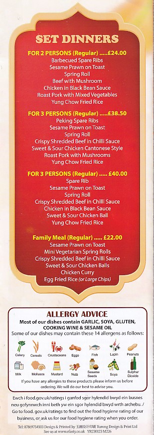 Menu of The Golden Phoenix Chinese takeaway Morriston