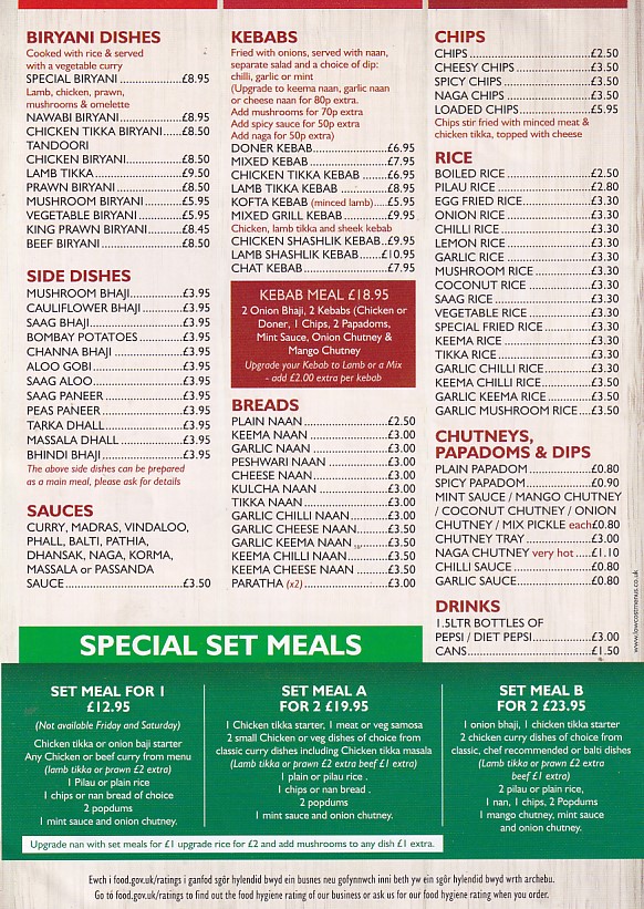Menu of Herbs and Spices  takeaway