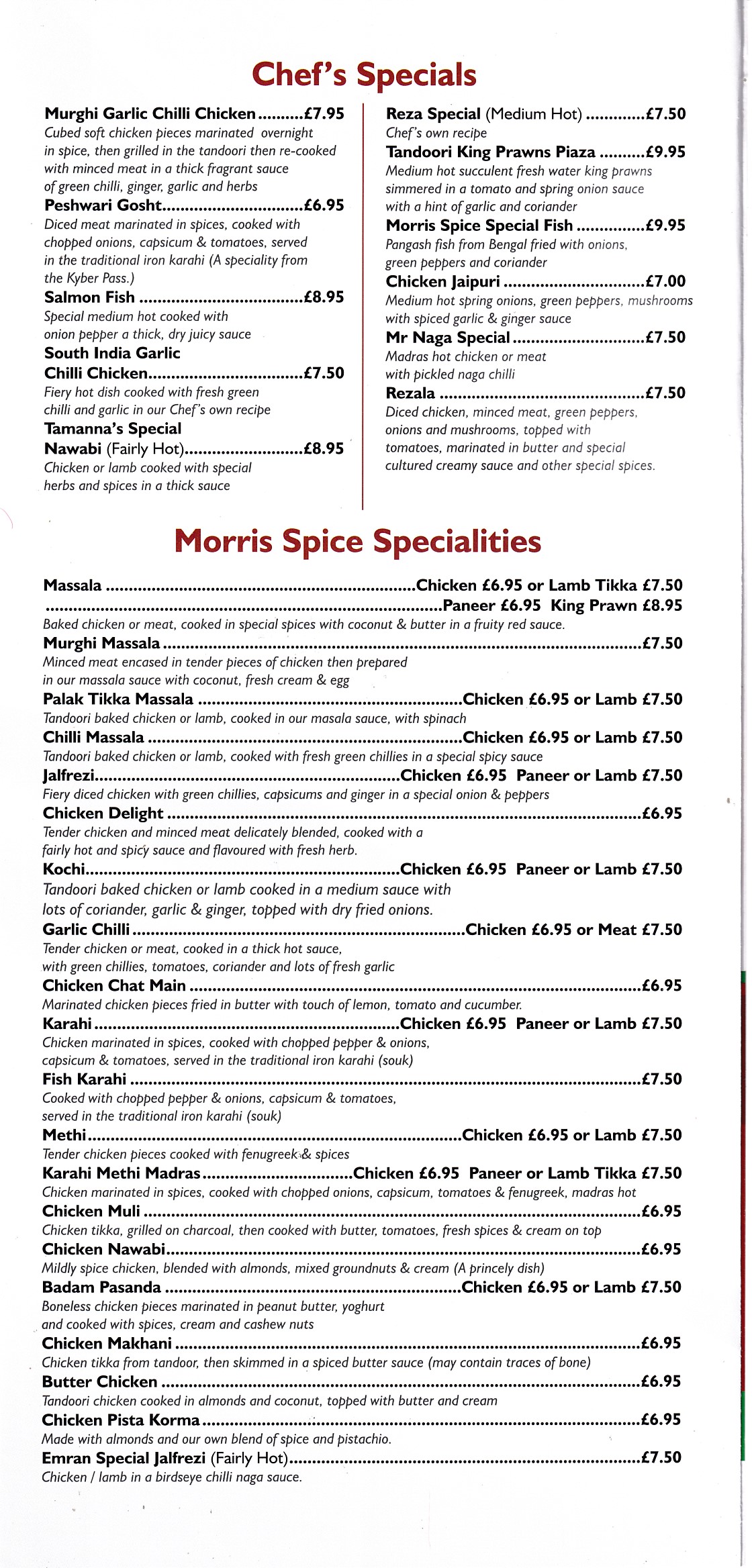 Menu of Morris Spice Indian in Morriston
