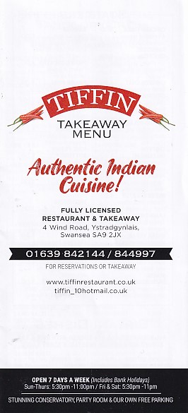 Menu of Tiffin, Indian Takeaway and Restaurant, in Ystradgynlais SA9