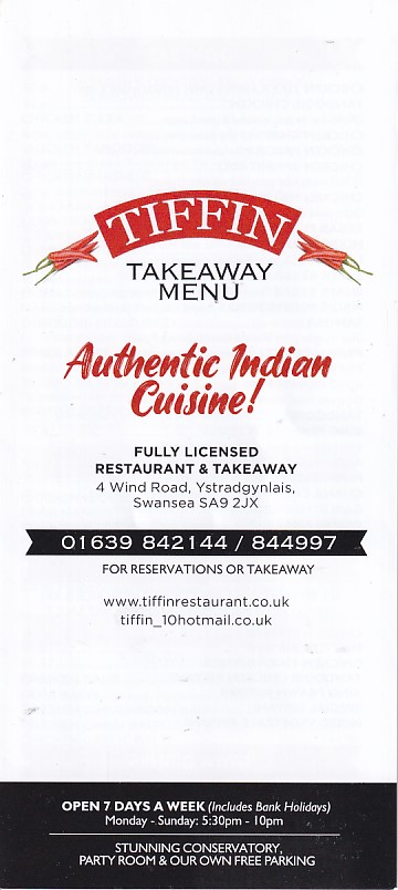 Menu of Tiffin, Indian Takeaway and Restaurant, in Ystradgynlais SA9